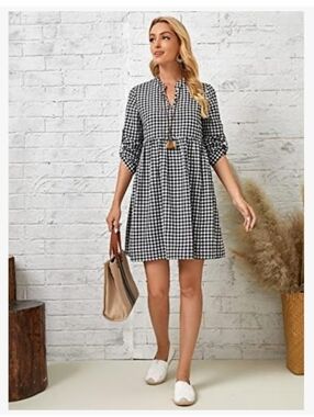 EMERY ROSE Gingham Print Notched Roll Tab Sleeve Dress XL